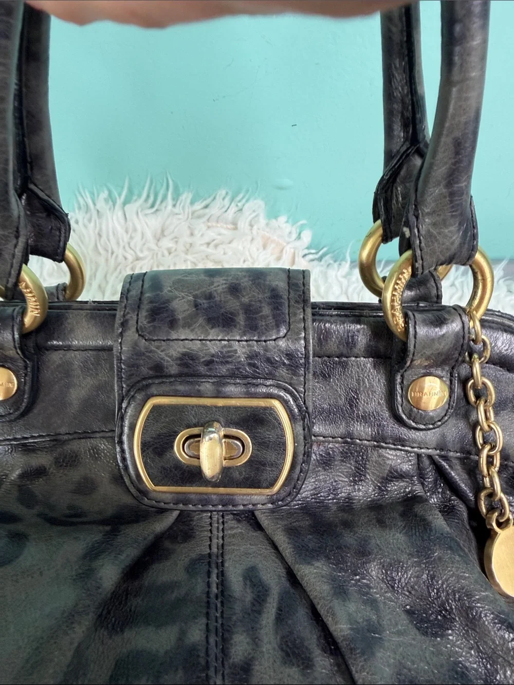 Brahmin Adore Charcoal Leopard-Print Leather Satchel with Gold Hardware